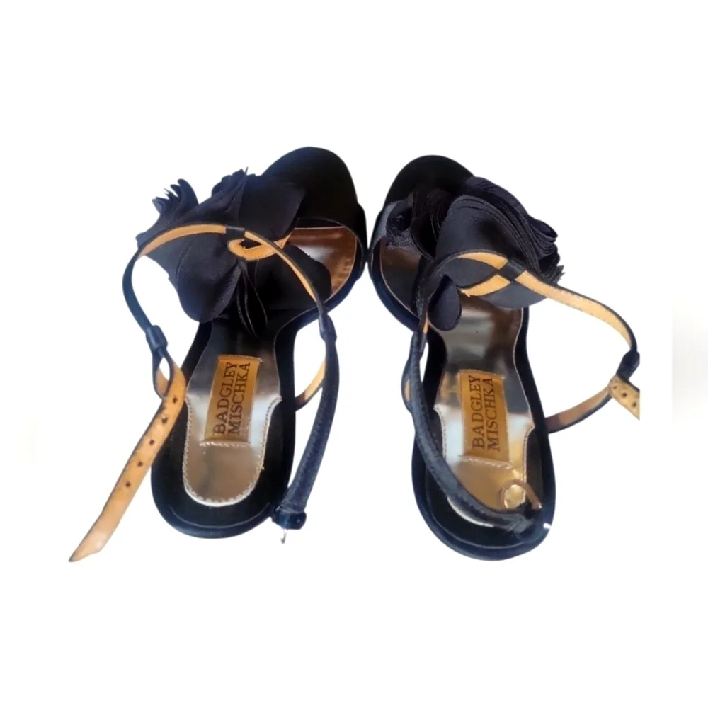 Badgley Mischka Women's Rose Petals Holiday Randee Black Satin Sandals 6 1/2 M